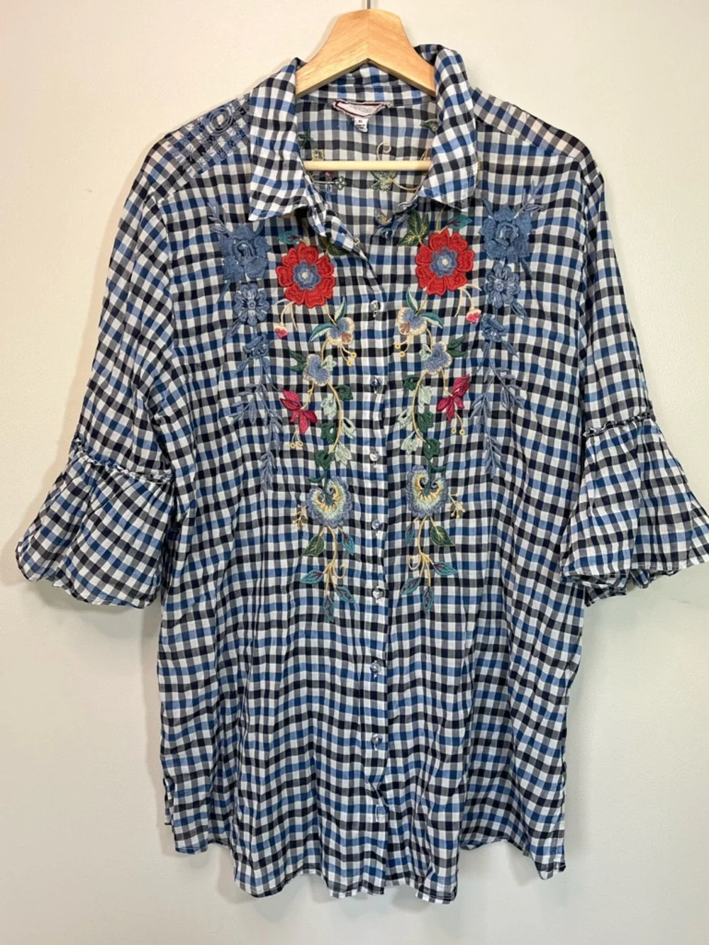 Johnny Was Blue Gingham Embroidered Peasant Tunic - Picture 2 of 12